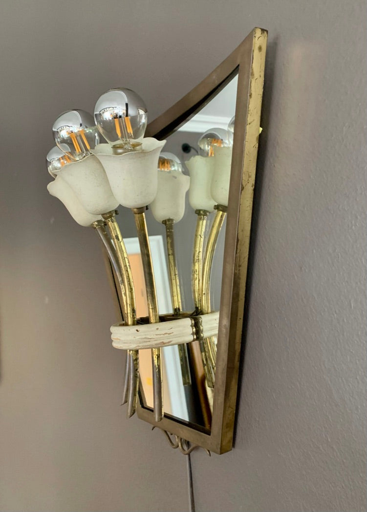 Set of Four 1940s Brass and Mirror Tulip Sconces