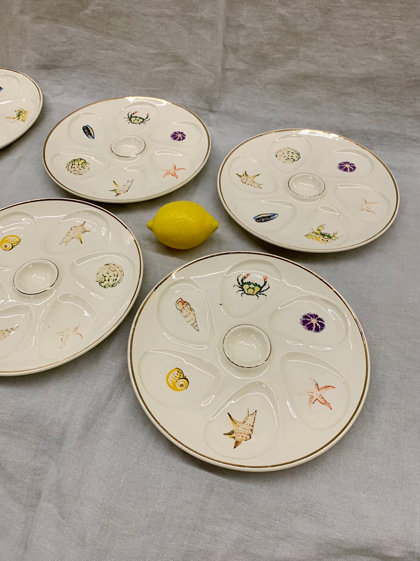 Set of 6 Oyster Plates - Decorated with Motifs of Various Shellfish