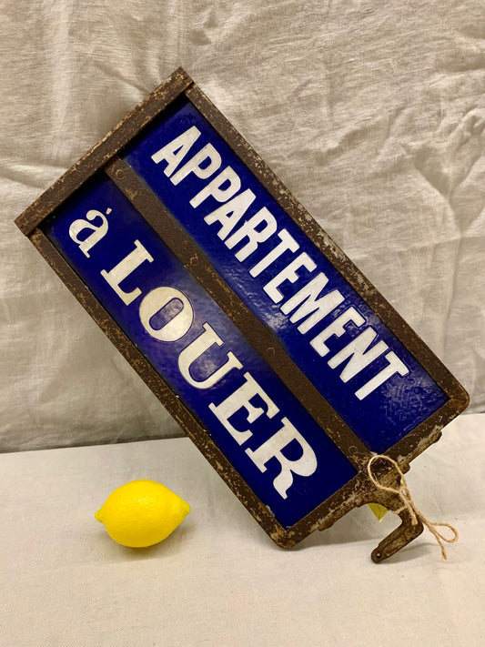 French Enameled "Appartement á Louer" / "Apartment For Rent" sign