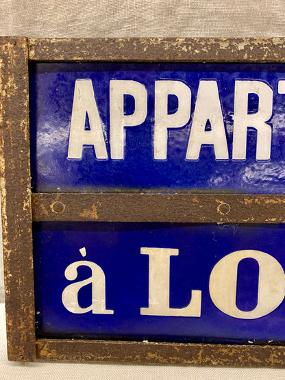 French Enameled "Appartement á Louer" / "Apartment For Rent" sign