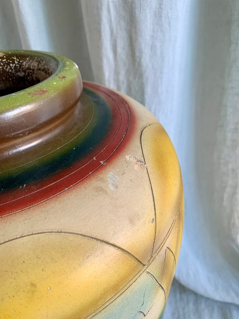 1940s Hand Painted Clay Floor Vase