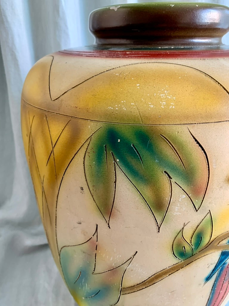 1940s Hand Painted Clay Floor Vase