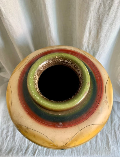 1940s Hand Painted Clay Floor Vase