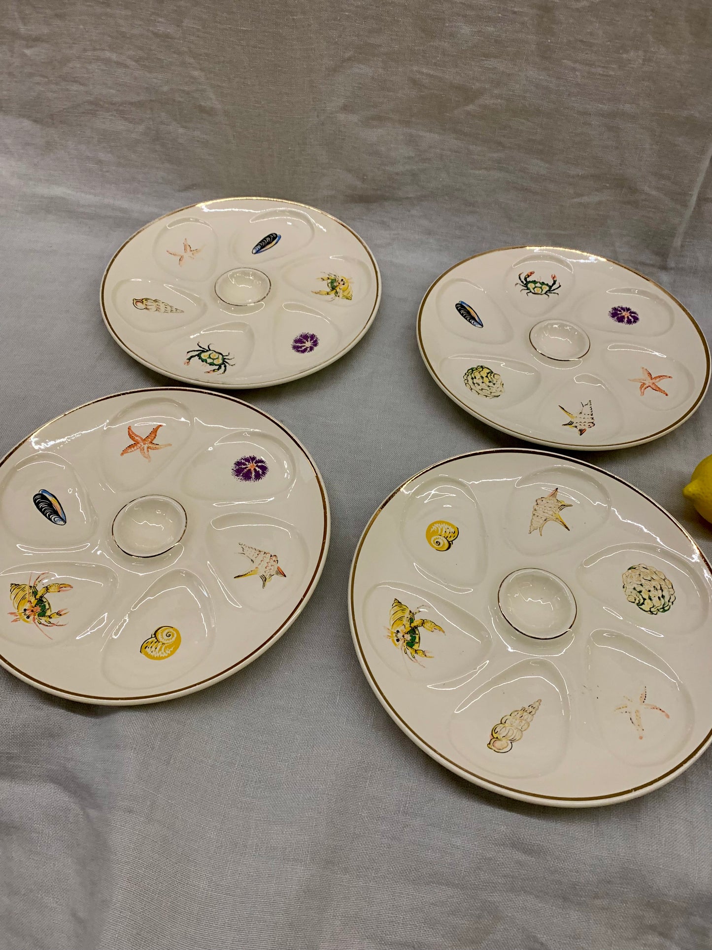 Set of 6 Oyster Plates - Decorated with Motifs of Various Shellfish