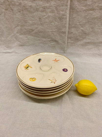 Set of 6 Oyster Plates - Decorated with Motifs of Various Shellfish