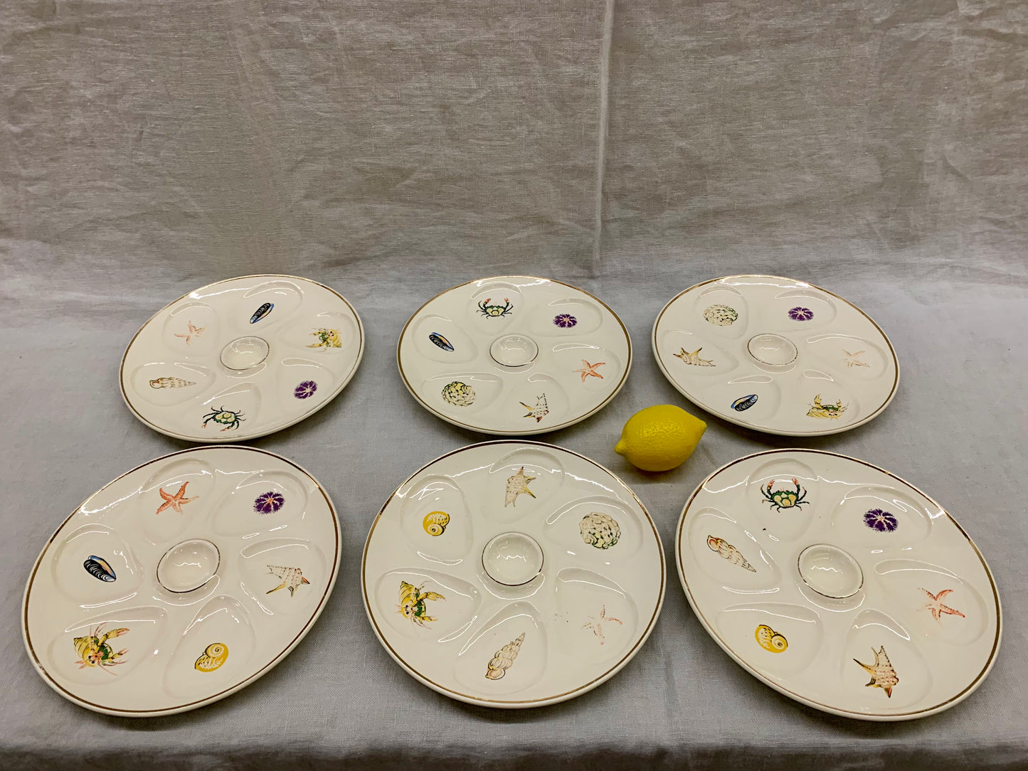 Set of 6 Oyster Plates - Decorated with Motifs of Various Shellfish