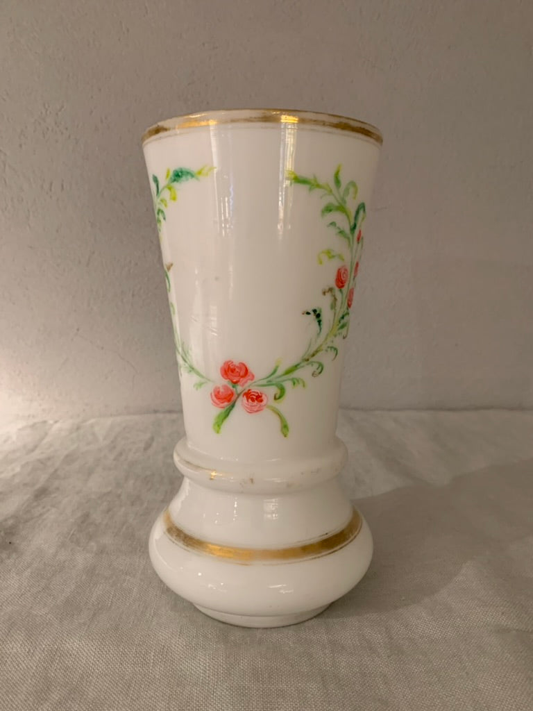 French Opal Glass Vase with Decoration