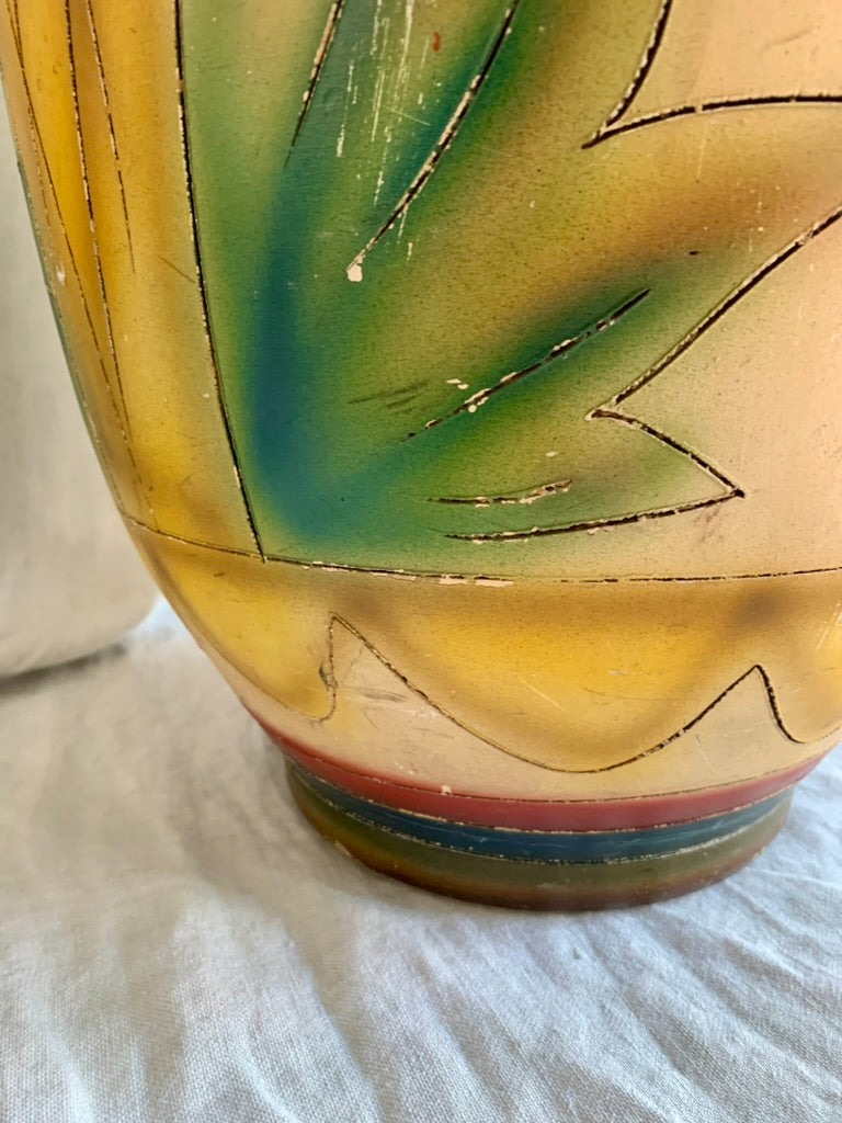 1940s Hand Painted Clay Floor Vase