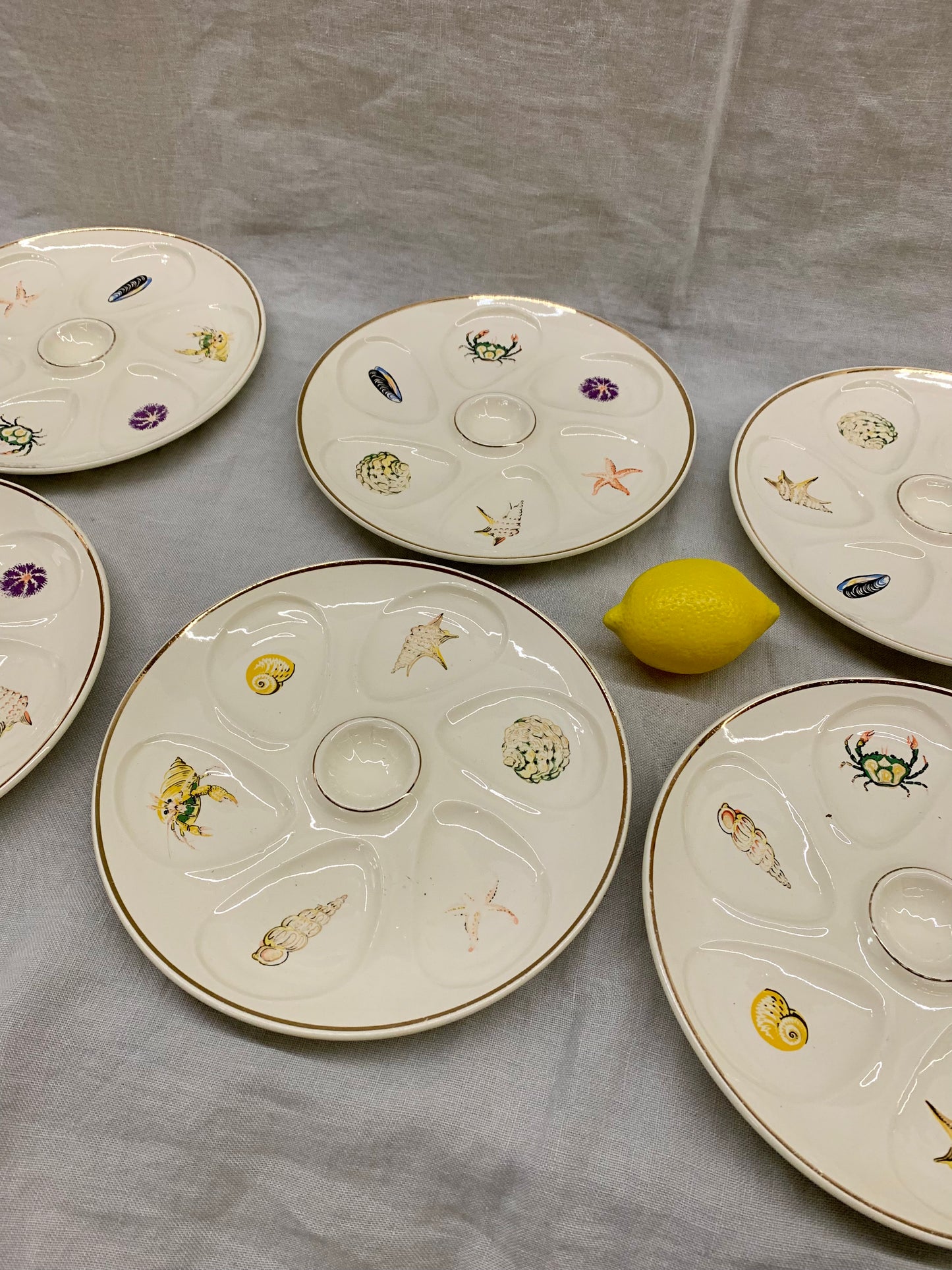 Set of 6 Oyster Plates - Decorated with Motifs of Various Shellfish