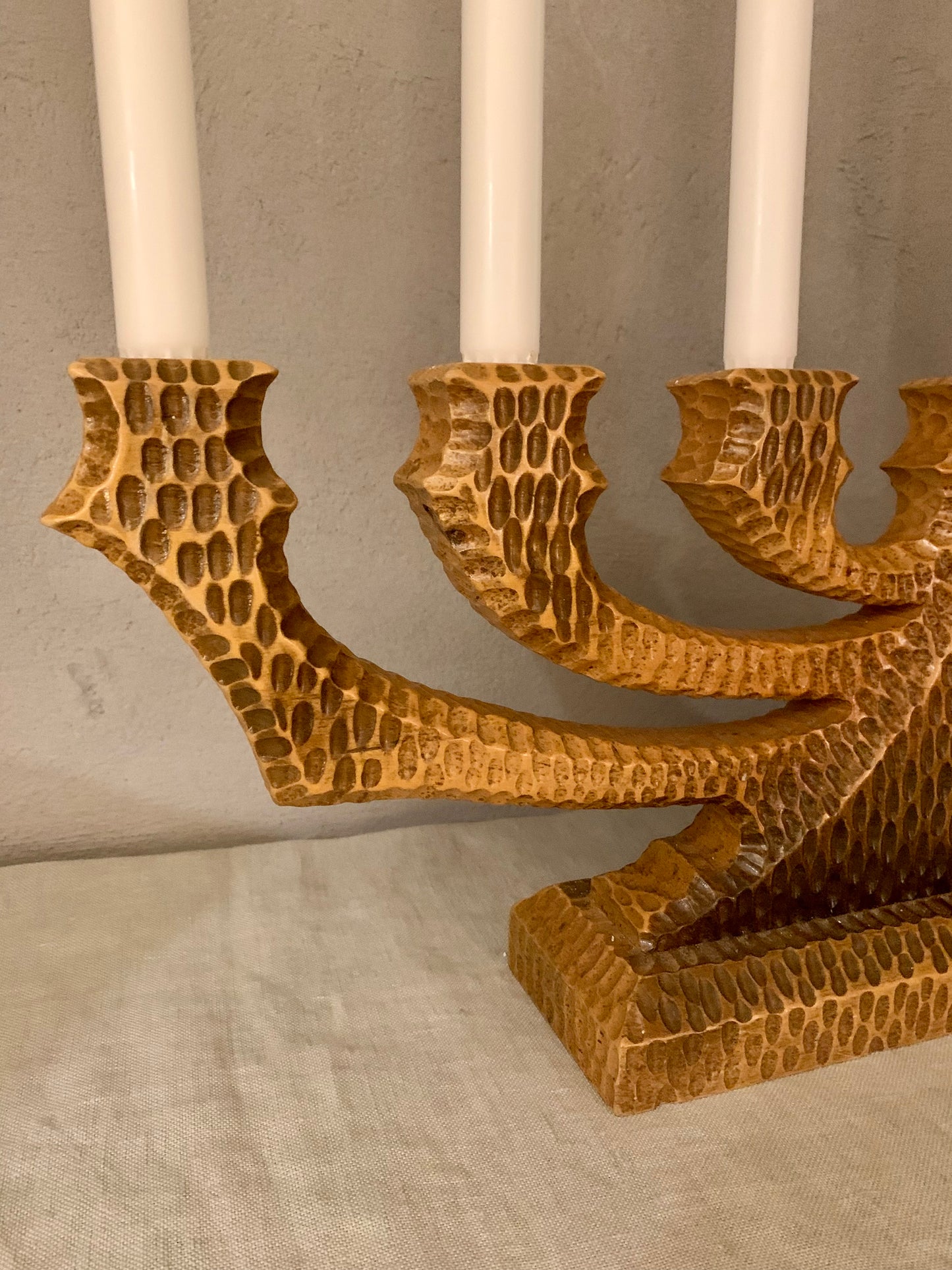 Hand crafted wooden candelabra