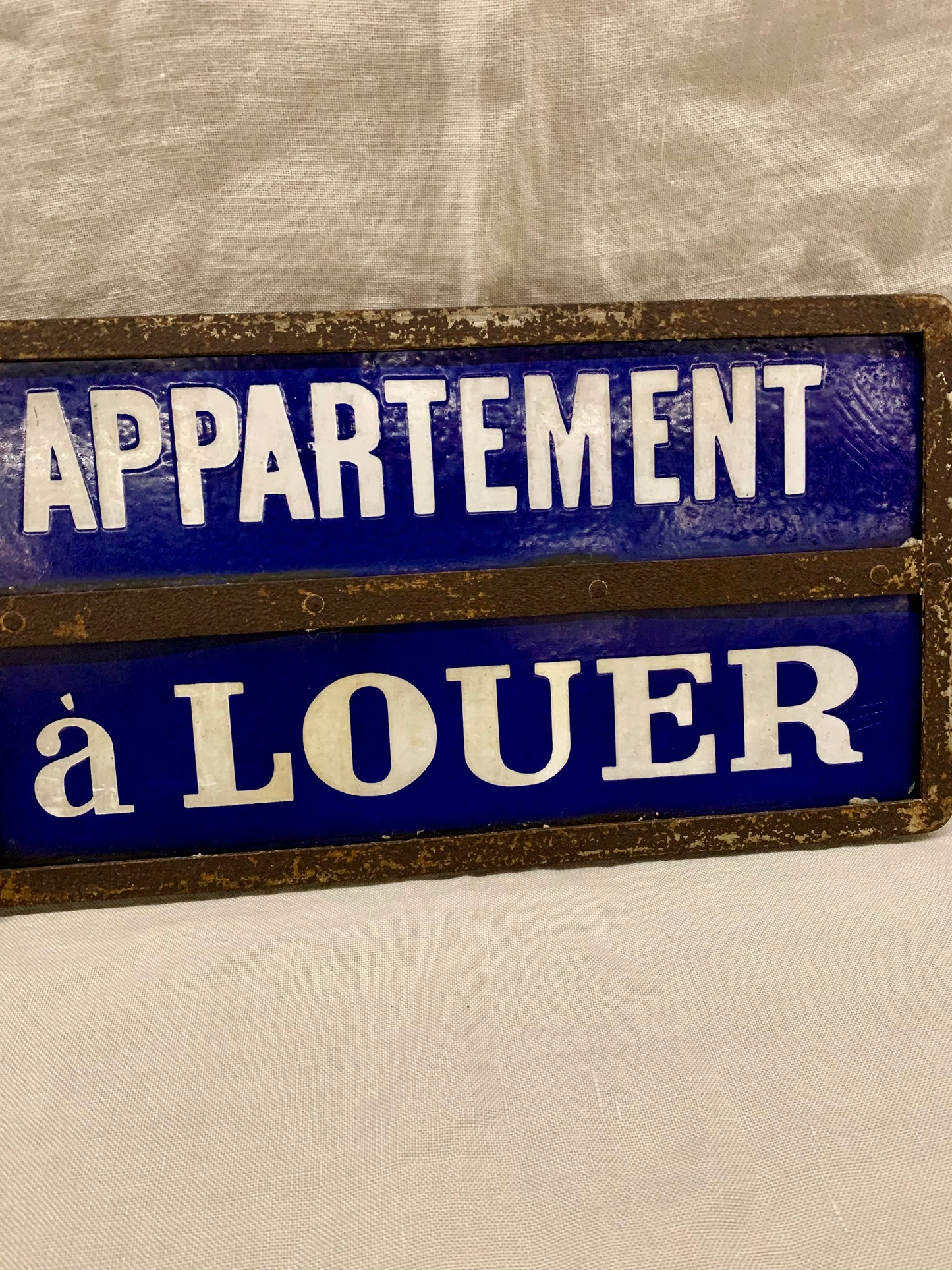 French Enameled "Appartement á Louer" / "Apartment For Rent" sign