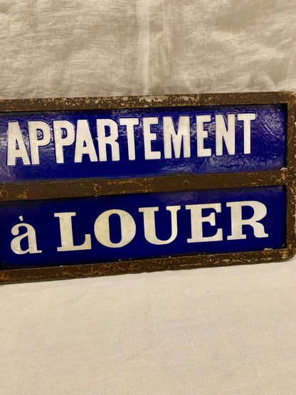 French Enameled "Appartement á Louer" / "Apartment For Rent" sign