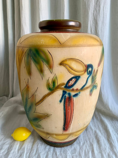 1940s Hand Painted Clay Floor Vase