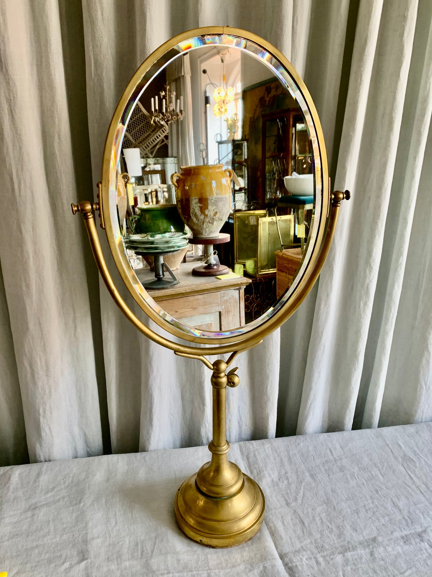 Antique French Oval Brass Table Mirror