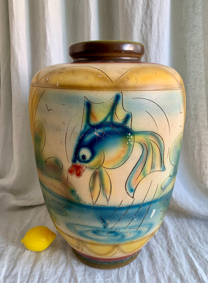 1940s Hand Painted Clay Floor Vase