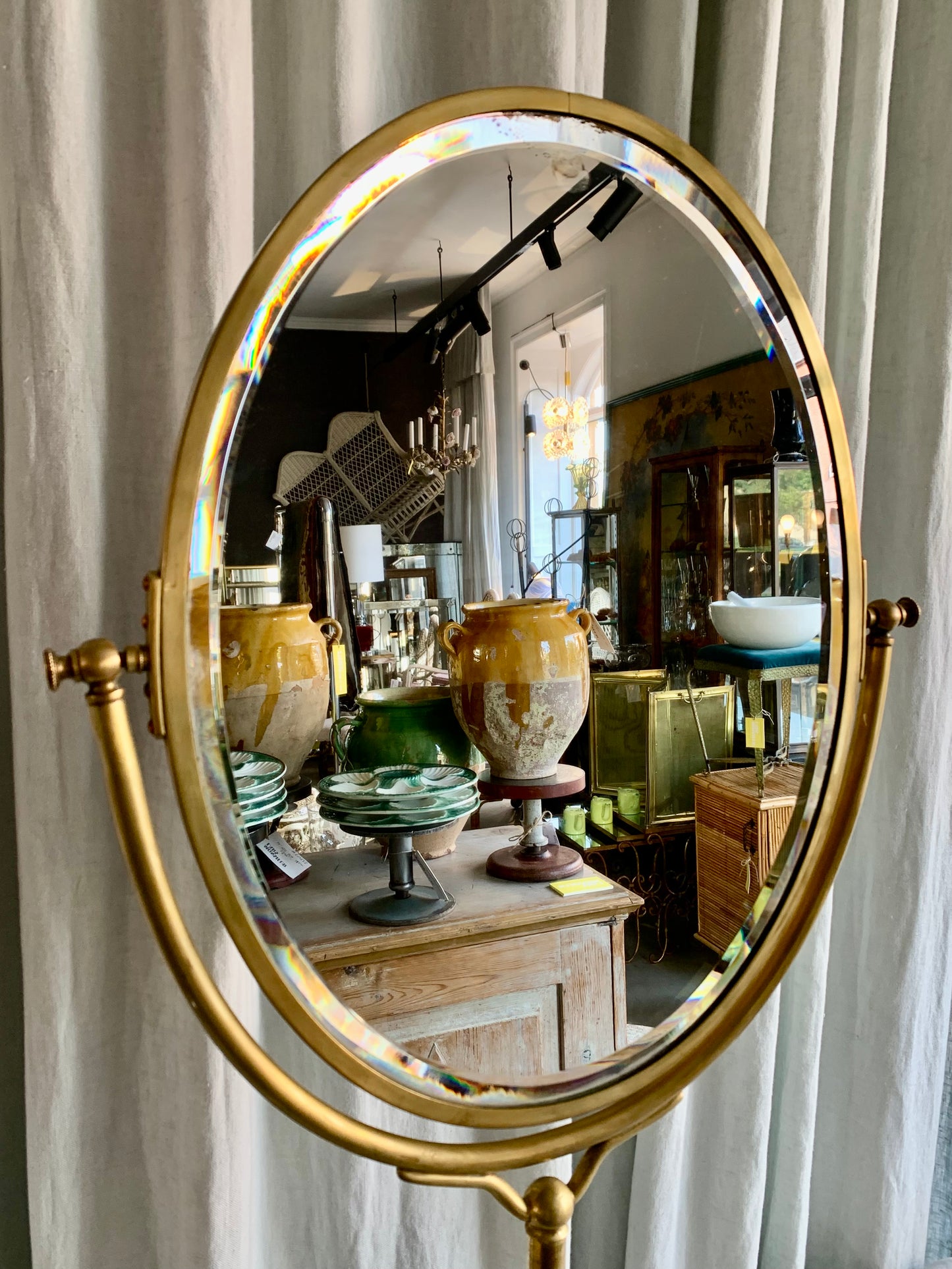 Antique French Oval Brass Table Mirror