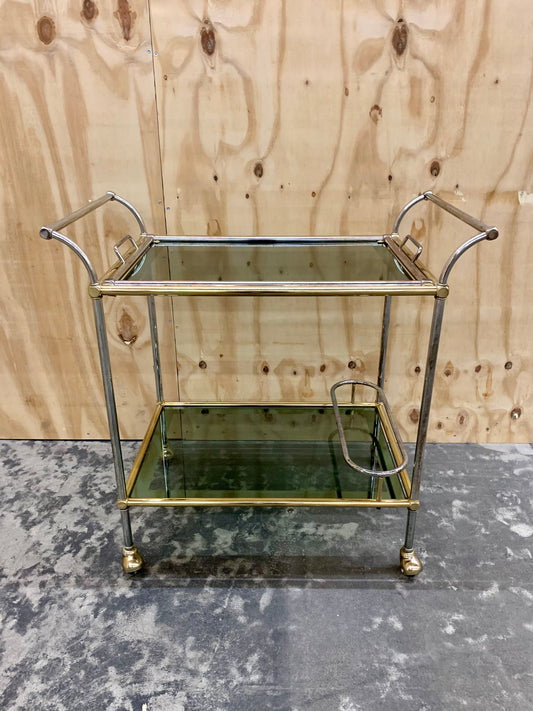 Vintage Hollywood Regency Chrome Brass Trolley - Bar Cart