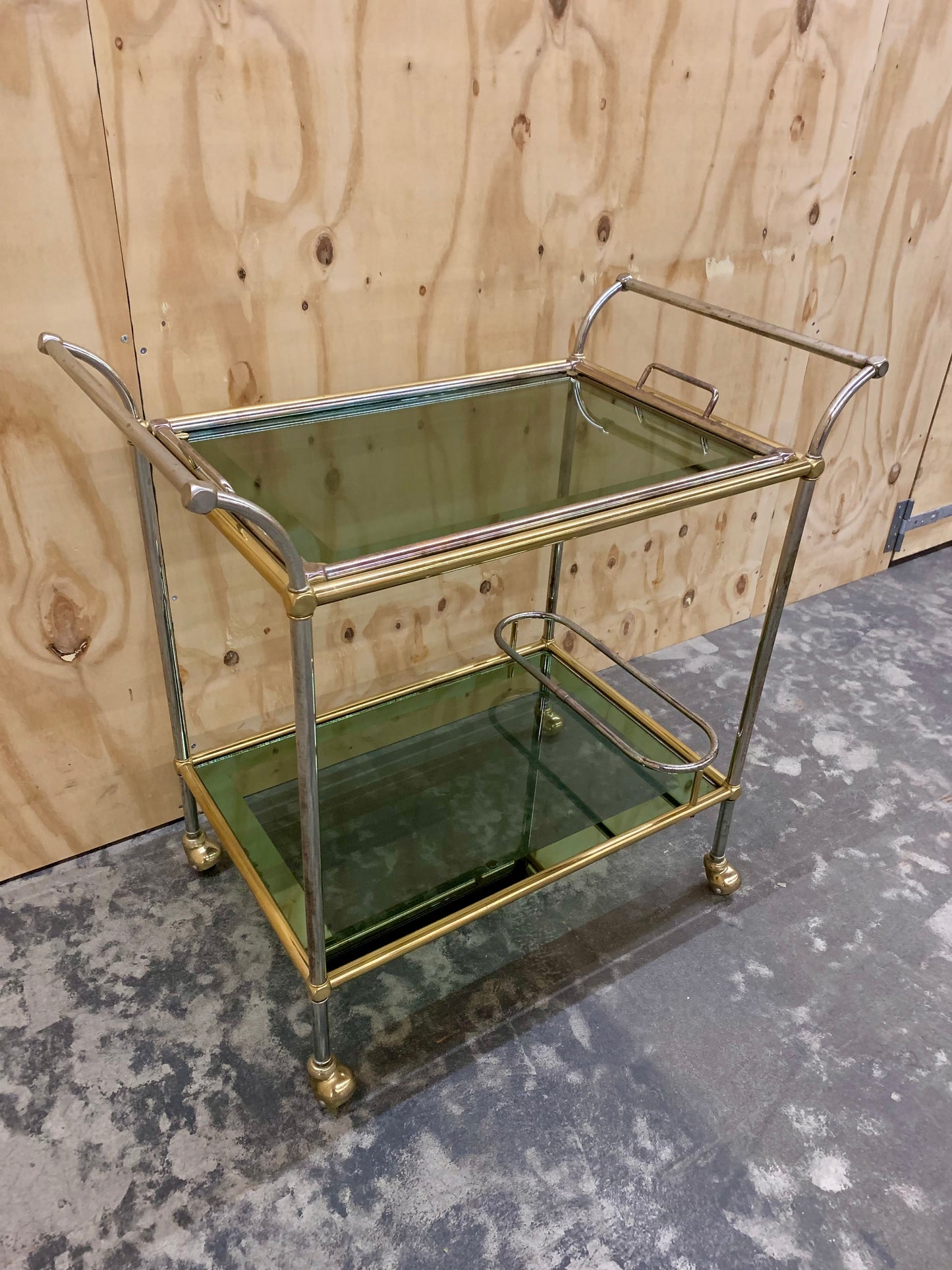 Vintage Hollywood Regency Chrome Brass Trolley - Bar Cart