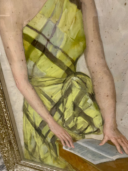 J. Cermaise Pastel Portrait of a Lady in Yellow and Green Checkered Dress 1936