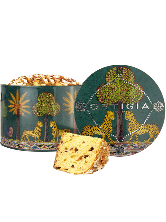 Ortigia Sicilia Mandarin Panettone Veneziana in Green cake tin